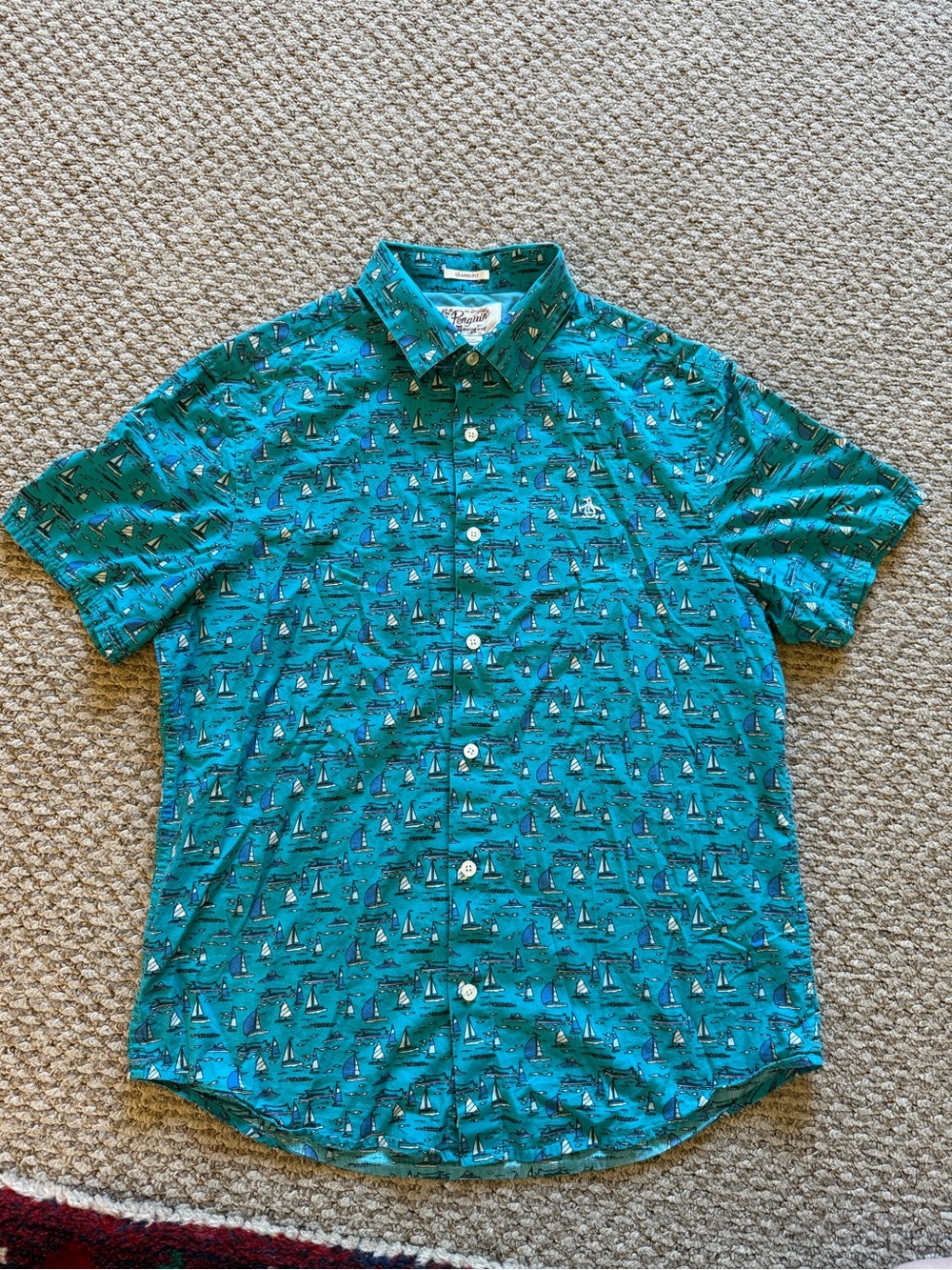 Original Penguin Teal Short-Sleeve Sailboat Print Button-Up Shirt